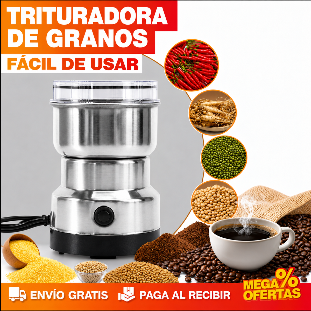Trituradora Multifuncionale Eléctrica para el Hogar – Muele Café, Granos y Especias en Segundos