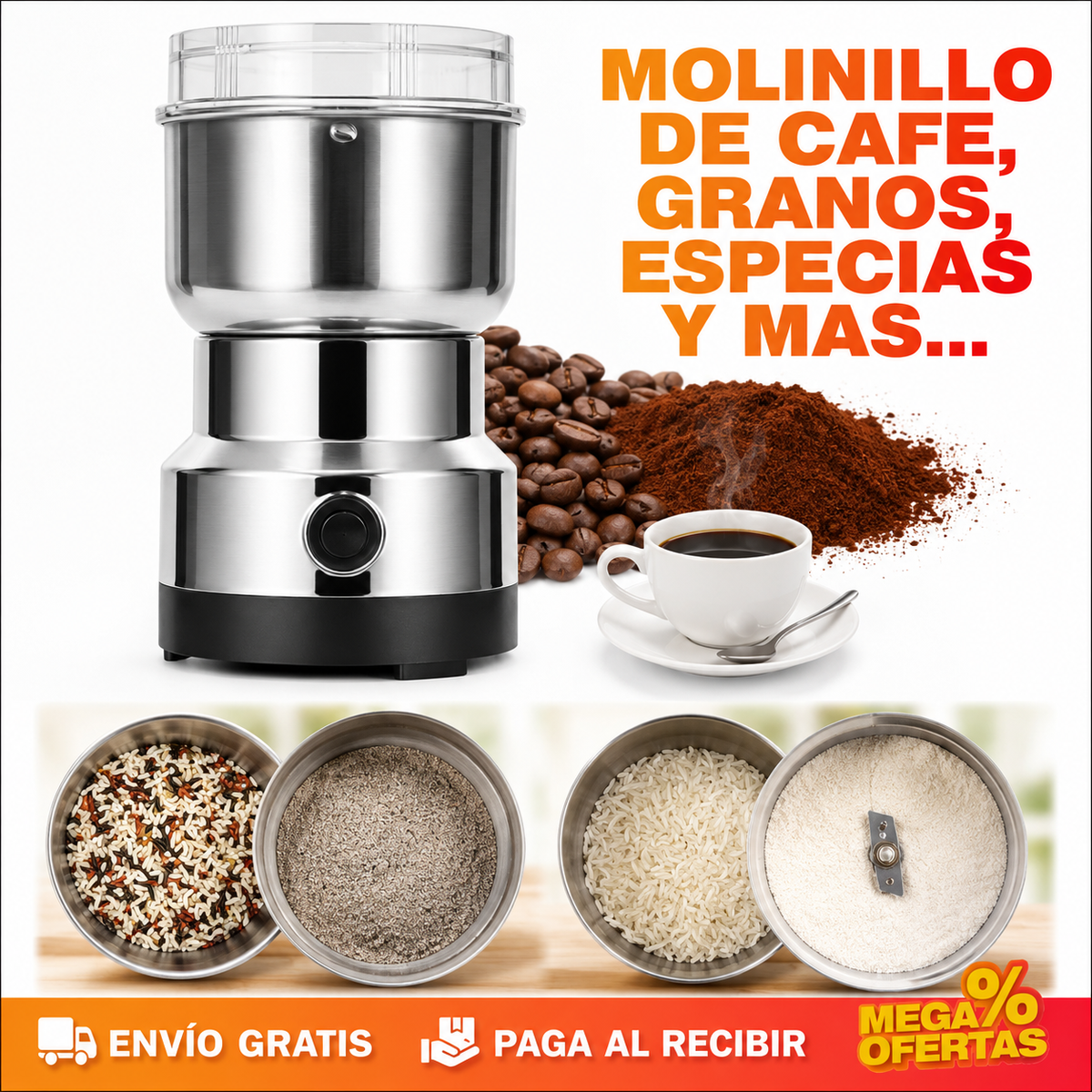 Trituradora Multifuncionale Eléctrica para el Hogar – Muele Café, Granos y Especias en Segundos